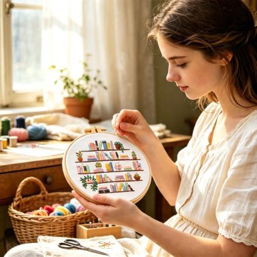 Image of Armindou Flowers Embroidery Kits for Beginners Adults, Hand Embroidery Set Needlepoint Kits, Floral Book Stamped Cross Stitch Kits for Beginners Adults, 3 Embroidery Hoops (Attached Video Tutorial)