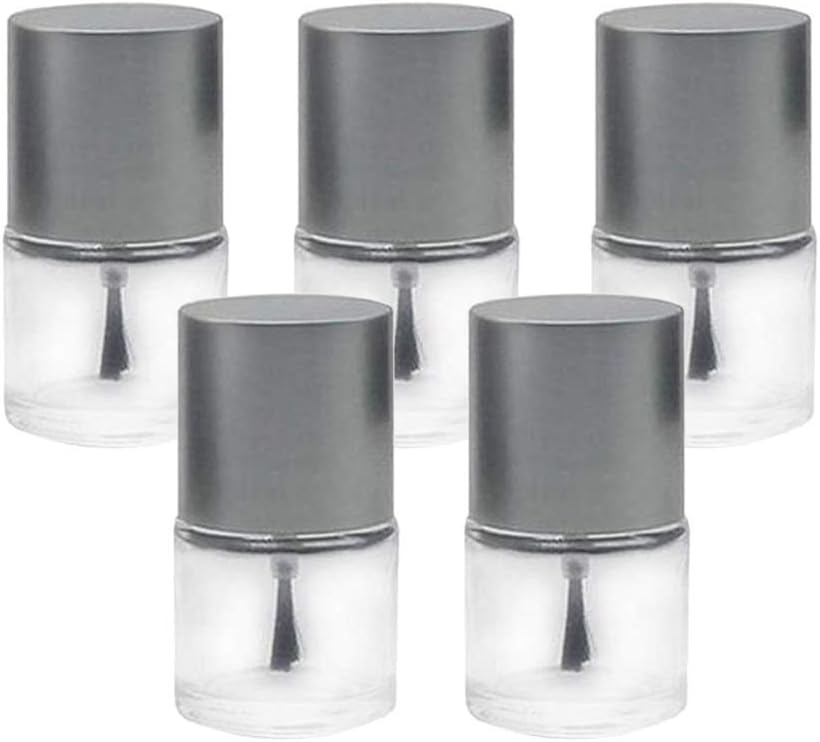5PCS 10ml/0.34oz Empty Clear Glass Nail Polish Bottles Set Cosmetic Jars Container Vial with Scew Top Cap and Soft Brush for DIY Nail Art Make Up(Silver Lid)