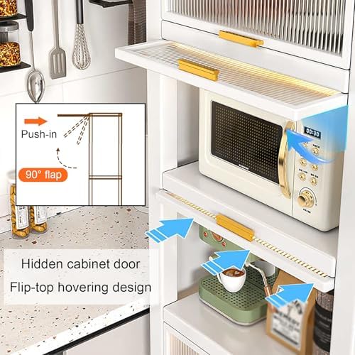 White Kitchen Appliance Storage Cabinet, Pantry Shelf with Transparent Flap Doors, 40x122x36cm, Kitchen Organizer Rack for Small Spaces, Modern Design