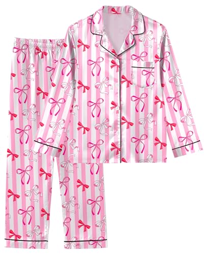 Nidoul Girls Pajamas Satin Pajama Set Silky Bow Pjs Long Sleeve Button Down Sleepwear Loungewear Sets for Big Kids 7-14Y