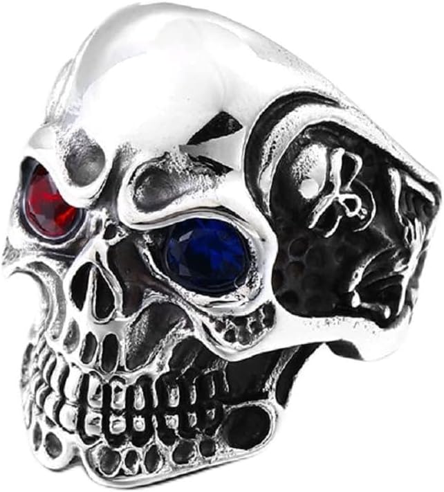 Skull Ring for Men, Gothic Demon Skull Head Ring, Red Blue Eye Skull Skeleton Ring, Punk Rock Skull Totem Ring, Hip Hop Halloween Skull Biker Ring, Viking Skull Jewelry Gift for Men mens