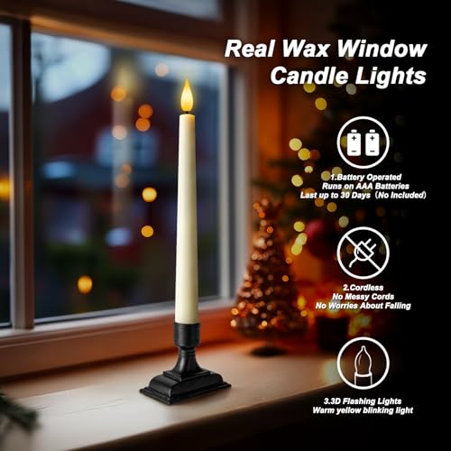 Image of Homemory Wax Window Candles with Remote Timer Dimmer, Battery Operated Candlesticks with Holders, Christmas LED Candlesticks for Window Home Part Decor, 6 Pcs Ivory