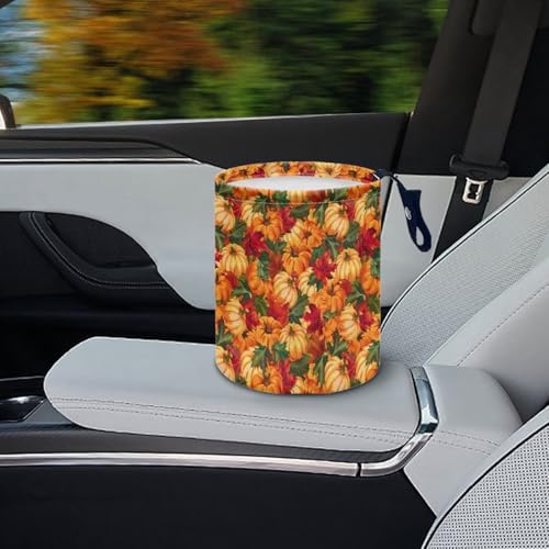 Image of Maple Leaves Pumpkins Trash Can for Car Auto Garbage Can for Back Seat Leak Proof with Adjustable Buttons Car Accessories for Women Interior