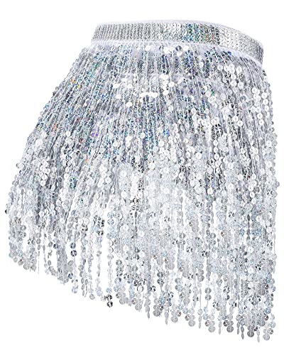 2 Pieces Sequin Tassel Skirt Belly Dance Hip Scarf Performance Outfit Sequins Skirt Belts Body Accessories For Women Girls (Silver&Lake Blue) #TOP2