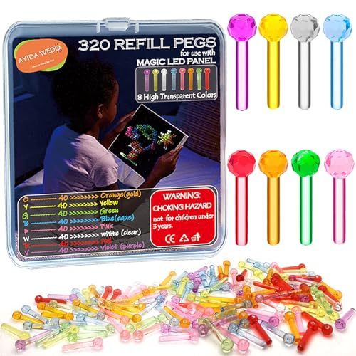 Ayidawedo 320Pcs Pegs Refill for Light BriteLight Bright Glow Pegs 8 Colors with Excellent Clear LED Light Up Board Toy Replacement Peg for Kids Aged 3 +