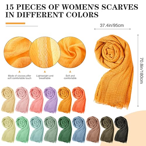 Janmercy 15 Pieces Hijab Scarfs for Women All Seasons Muslim Head Scarf Long Stylish Soft Wrap Shawl, 15 Color2