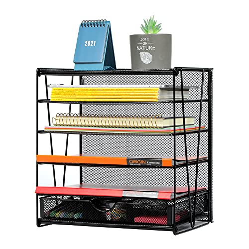 Samstar Letter Tray Organizer, 5-Tier Desk File Organizer Paper Sorter Letter Shelf Rack with Sliding Drawer, Black - Thumbnail 2