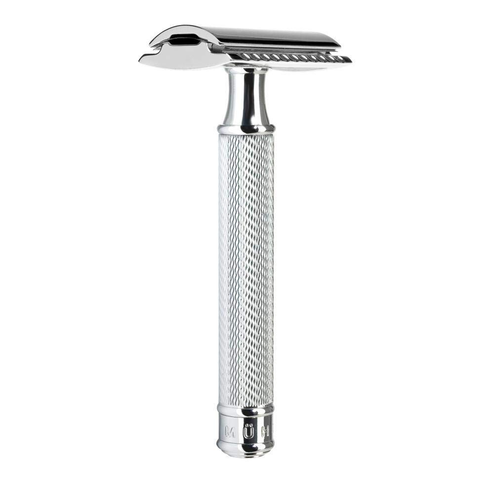 MÜHLE Travel Reiserasierset - Silvertip Fibre-Rasierpinsel, Sicherheitsrasierer und braunes Lederetui - verchromtes Metall