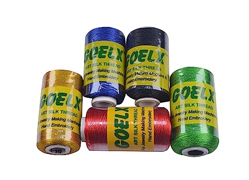 GOELX Silk Thread for Jewelery-Making 5 Spools - Black,Red,Peacock Blue,Green,Golden