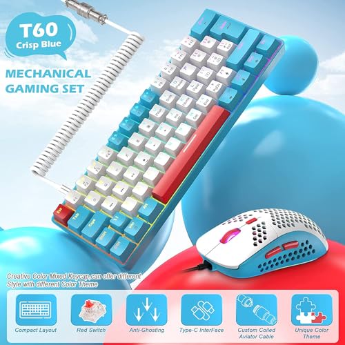 ZIYOU LANG T60 Teclado y Ratón para Juegos con Cable USB C en Espiral, UK Layout (QWERTY) Compact 60% Iluminado Teclado Mecánico Linear Rojo Switch-6400dpi RGB Mouse para PC Mac - Azul - imagen 2