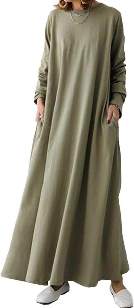 Amazon Co Jp アンティカ ワンピース レディース ワンピ 長袖 無地 ロング 綿 100 Na F 02 カーキ 服 ファッション小物
