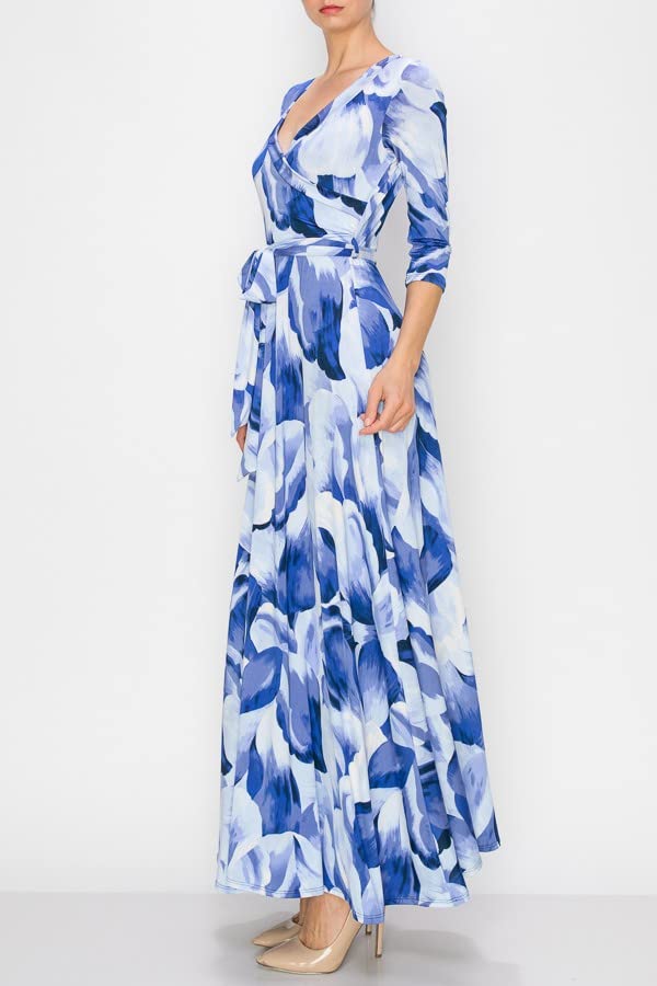 Image of Women's 3 /4 Sleeve V-Neck Printed Maxi Faux Wrap Dress Magenta XL