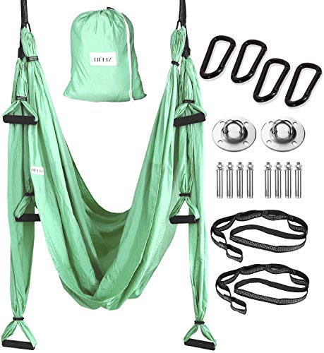 HELIZ Columpio de Yoga Aéreo, Juego Completo, Mosquetones de Bordes Lisos, Hamaca Yoga Aéreo, para Hogar, Gimnasio, al Aire Libre (Menta)