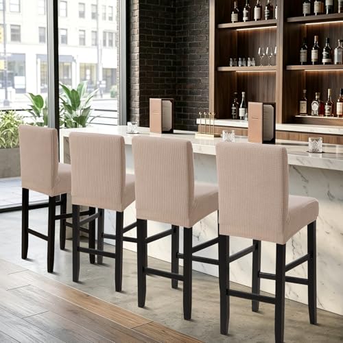 Image of YISUN Waterproof Bar Stool Covers, Stretch Barstool Slipcovers with Backs, Removable Washable Pub Tall Chair Slipcover, Counter Chair Seat Protector Cover, Jacquard Khaki 4 Pack