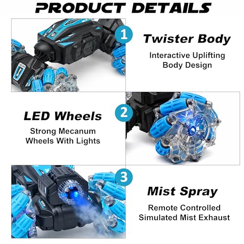 Image of VGRASSP Dual Control Twisting Drift Stunt Mist Car Toy for Kids with Remote Control and Gesture Wrist Controller - Rechargeable 360 Rotating Smoke RC Car Toy with LED Lights, Sound Effects - Blue