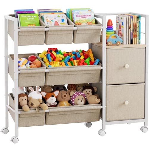 Modanais Kids Toy Organizers and Storage Bins - 7 Storage Bins + 2 Fabric Drawers + 1 Bookshelf, Playroom Storage, Mobile Cart Organizer for Toy, Clothes, Blankets and Books - Off White