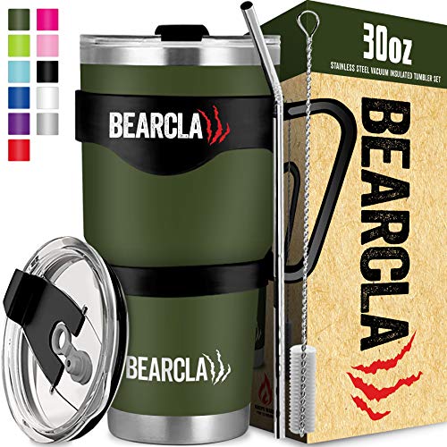 BEARCLAW Army Green Tumbler With Straw - 2 Leak Proof Lids, Twist On