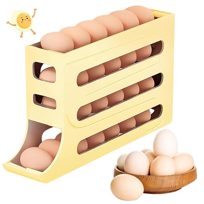 Image of 30 -Egg Holder Organiser With Automatic Rolling Dispenser For Refrigerator| Kitchen| Hotel, With Multi-layer Storage Rack. (Beige)