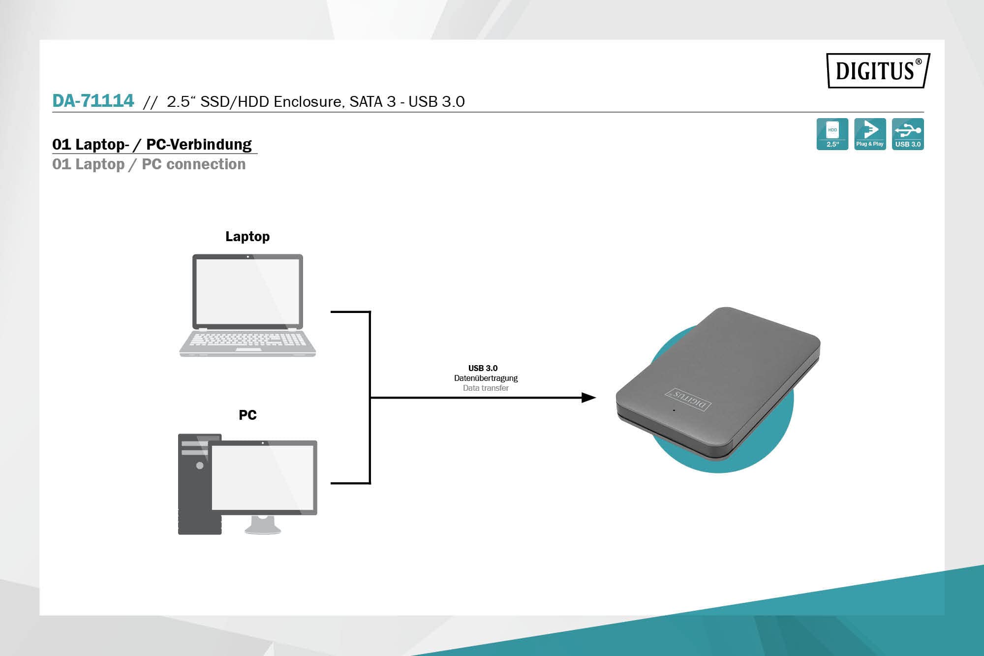 DIGITUS - DA-71114 - Festplattengehäuse SSD/HDD - 2,5" - USB 3.0 - SATA III - bis zu 2 TB - schwarz