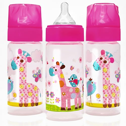 Image of Avima 9 oz Anti Colic Baby Bottles for Breastfed Babies - Medium Flow Nipples, Wide Neck Bottle, BPA Free - 3-6 Months, Stage 2 (Set of 3) Pink Baby Bottles - Giraffes