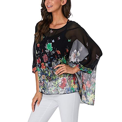 Image of Ckikiou Plus Size Batwing Flowy Semi Sheer Chiffon Blouse Tunic for Women Summer Floral Print Boho Beach Cover ups