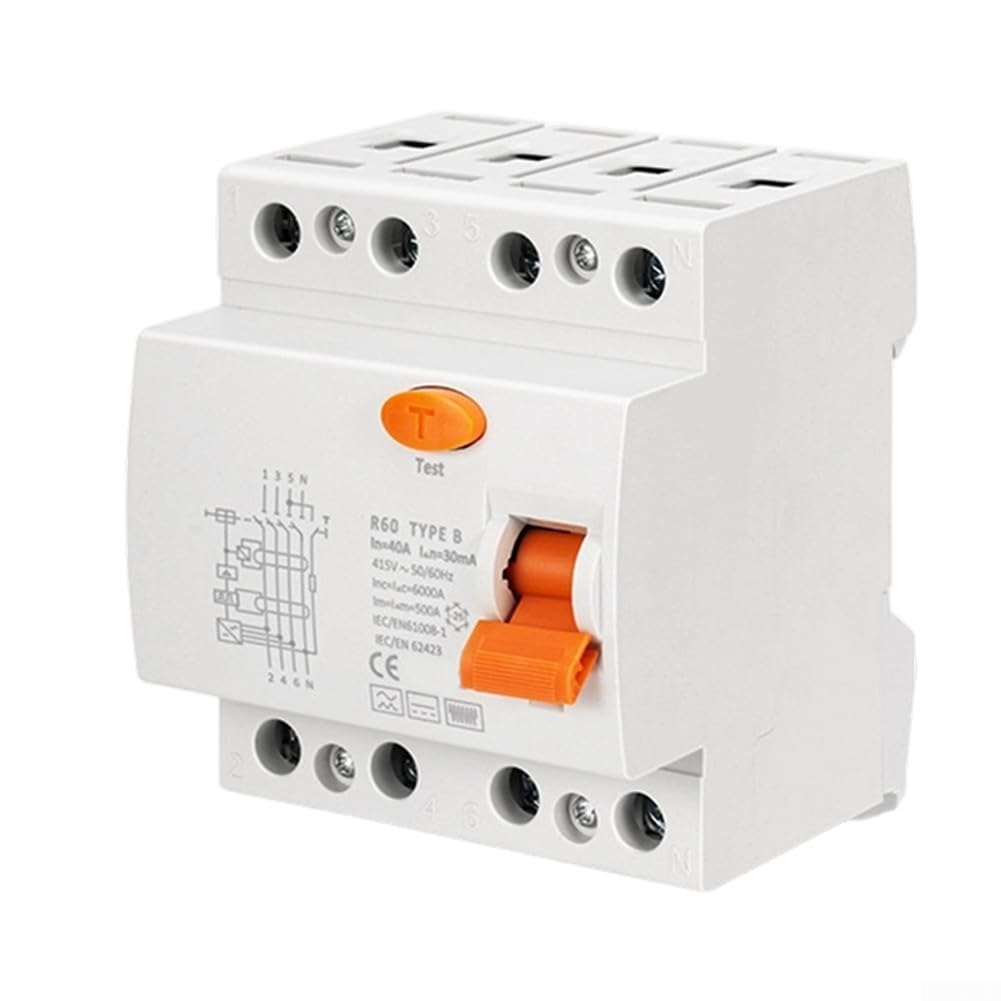 Interruptor RCD tipo B 40A/63A 30mA 4 polos, estaciones de carga EV sensibles a la corriente, montaje en riel DIN trifásico, CC suave (4P-63A-30mA)