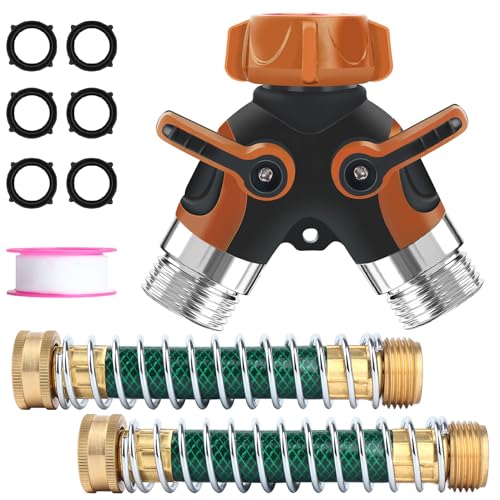 Lumanious Hose Splitter, Garden Hose Splitter 2 Way Heavy Duty,3/4" Spigot Adapter Connector with 2 Kink Free Faucet Extension Hose Protector 6 Rubber Washers and PTEP Tape for Drip Irrigation, Lawns -  ORANGE HOSE SPLITTER SET