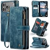 For 2025モデルiphone17Proケース財布型ワイヤレス充電対応iphone17 proストラップ 付き ファスナー設計/おつり コイン収納大容量スタンド機能 7カード収納手帳型ケース【MYH】アイフォン17プロ おしゃれ 人気PUレザー 耐衝撃 耐汚れ衝撃吸収 落下防止スマホケース(ブルー)