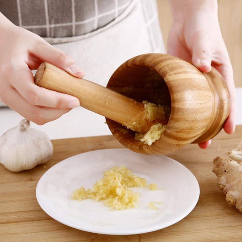Pestle and Mortar Wooden Set Hand Masher Garlic Spice Grinder Mortar Bowl
