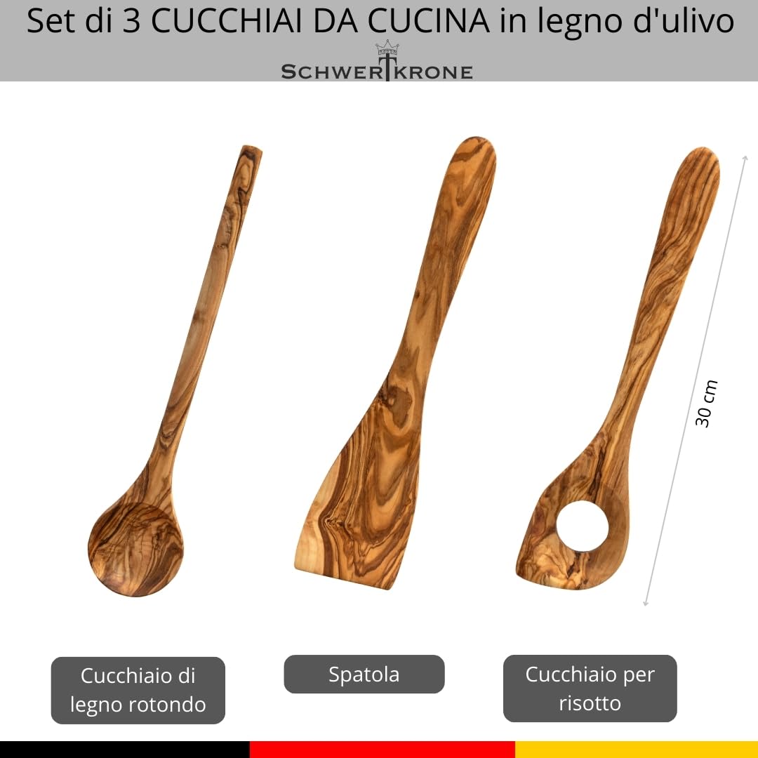 SCHWERTKRONE Set di cucchiai in legno d'oliva italiano, cucchiaio da cucina in legno, cucchiaio da cucina in legno di ulivo