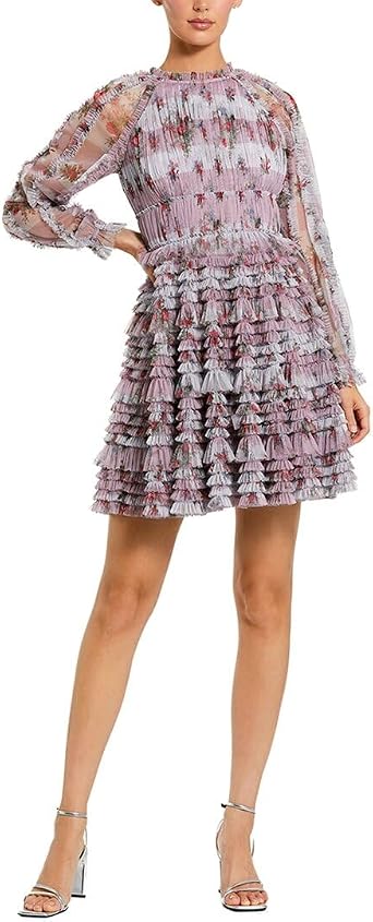 Floral Mini Dress with Purple Ruffle and Long Sleeves by Mac Duggal
