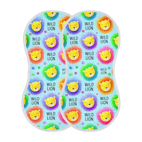 Colorful Lions Pattern Muslin Baby Burp Cloths - Super Absorbent and Soft Burping Rags - Cotton Burp Clothes Set for Boys and Girls, 2 Pack