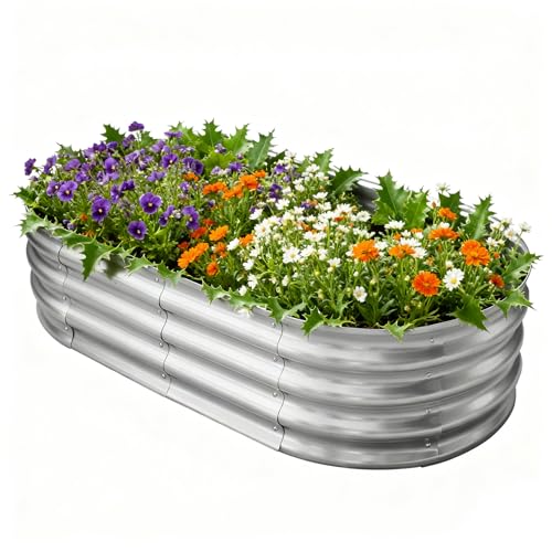 TATAANTY Galvanized Raised Garden Bed for Outdoor: 4X2X1ft Durable Metal Vegetable Plant Container Kit - Oval Planter Box for Gardening Flower Trough