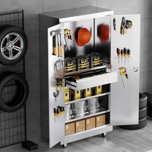 Image of 74 inch Full-assembled Stainless Steel Storage Cabinet with Pegboard and Drawer