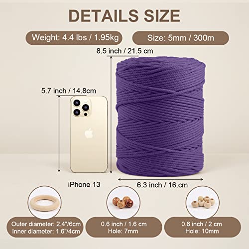 Image of ZUEXT Macrame Cord, Dark Violet, 5mm x 328yds Cotton String Macrame Yarn | Natural Handmade, 4 Strands Twisted Cotton Rope, for Craft Wall Hanging Weaving Tapestry Dream Catchers Hanger DIY Gift, 300m