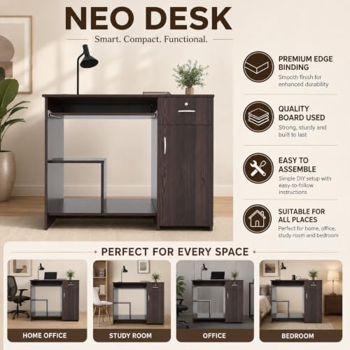 Image of 45x90x76CM Engineered Wood Study & Office Table with Drawer, Cabinet Storage & Keyboard Tray | Sturdy, Foldable DIY Multipurpose Table- Wenge