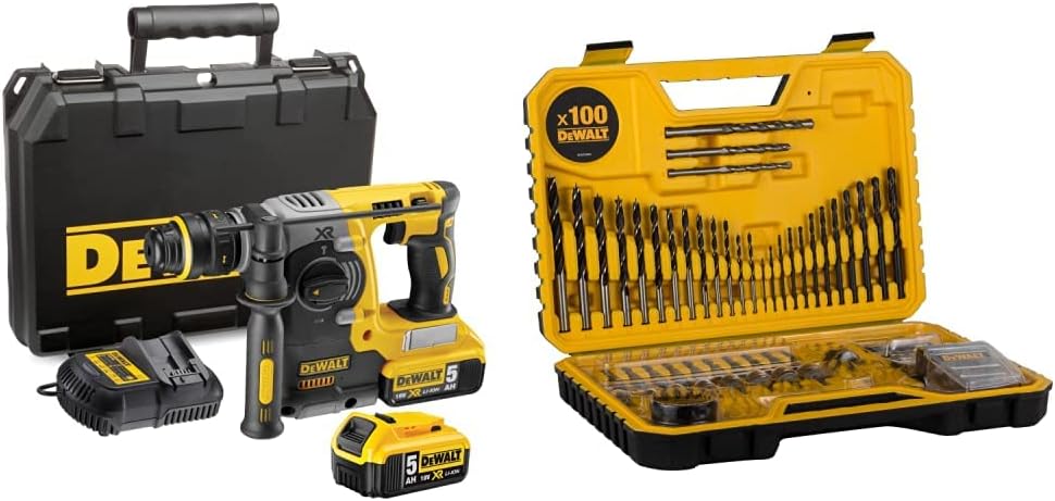 DEWALT DCH273P2-GB 18 V XR Brushless 24 mm, 2 kg SDS-Plus Hammer, 2 x 5 Ah & Combination Drill BIT Set 100 Piece Set DT71563-QZ, Black