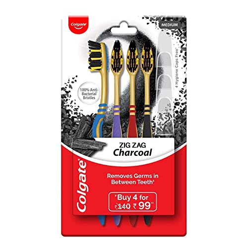 Image of Colgate Maxfresh Toothpaste, Red Gel Paste With Menthol For Super Fresh Breath, 300G, 150G X 2 (Spicy Fresh) & Zigzag Charcoal Medium Bristle Toothbrush - 4 Pcs