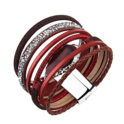 Coolla Braided Wrap Bracelet Agate Stone Crystal Leather Cuff Bangle Women Bracelet (Red Leather Bracelet) #TOP3