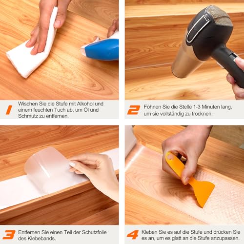 Spurtar 15 x 60 cm Treppenstufen Matten Antirutschmatte, 15 Stück Transparent Stufenmatten Innen rutschfeste Klebeband für Holzstufen Set für Boden Rutschschutz Selbstklebend Antirutsch Streifen