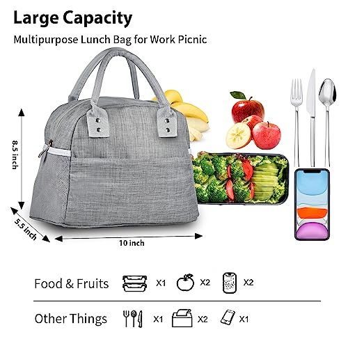 Insulated Reusable Lunch Box Tote Bag - Grey for Office Work Home Picnic Beach Travel