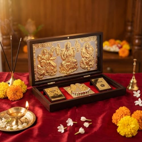 Image of Laxmi Ganesh Saraswati Pocket Temple for Pooja Room, Gifting for Wedding /Marriage | Gold Plated Photo Frame with & Charan Paduka - (Large) 8.4x4.5 Inch - Pack of 1