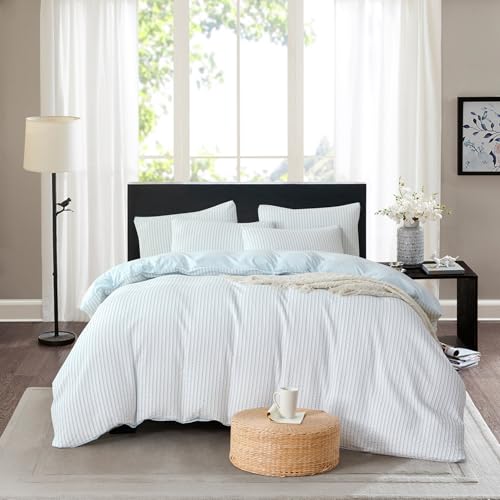Image of Cornflower Blue Striped Comforter Set Queen - 3 Pieces Bedding Comforter Set for All Season, Soft Lightweight Washed Microfiber, 1 Striped Comforter and 2 Pillowcases (Blue, Queen Size)