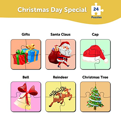 Image of Mini Leaves Christmas 4 Pieces Wooden Jigsaw Puzzle Set of 6 with Wooden Box for Kids 2+ Above | Social Development | Fine Motor Skills Development