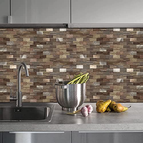 Xuaniny Peel And Stick Metal Backsplash Tiles, Self Adhesive Aluminum Subway 3D Wall Sticker For Kitchen Bathroom (12"X11.02") (10, Light Yellow Wood+Bronze Frosted) #TOP4