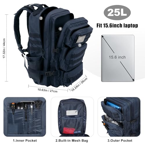 Image of Military Tactical Backpack 25L Day Backpack for Men Molle Army 3 Days Assault Pack Bug Out Bag Water Resistant and Heavy Duty Hiking Treeking Rucksack - Dark Blue