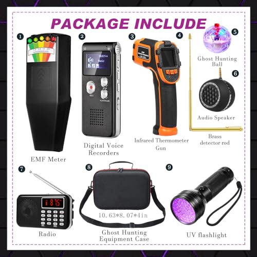 Image of Dunzy 11 Pcs Ghost Hunting Equipment Kit Include Ghost Radio, Electromagnetic Paranormal Radiation Detector, EVP Recorder, UV Flashlight 2 LED Light up Cat Balls Etc(Upgrade Temp Gun)