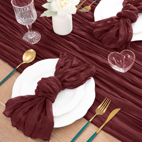 Image of MLMC 3 Pack Burgundy Red Table Runner 10ft Rustic Gauze Wine Red Cheese Cloth Table Runner Cheesecloth Centerpiece for Wedding Holiday Anniversary Events Decor