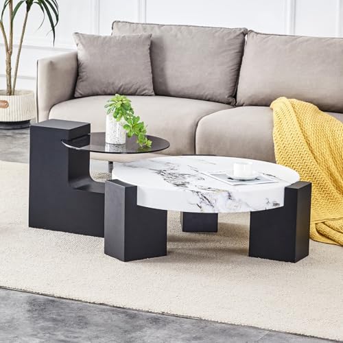 EURHCIO Tables Basses Ronde Set de 2,Petit Table D'appoint 44lx44h cm avec Pieds en L et Table Basse Marbre Motif Effet 61x61x30cm,pour Bout de...