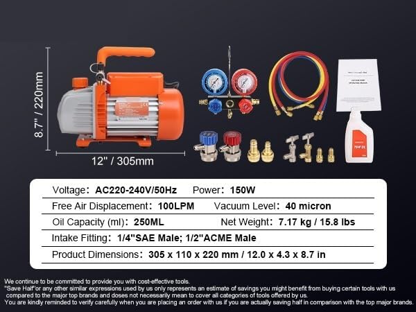 3.5 / 4CFM Single Stage Rotary Vane HVAC Air AC Vacuum Pump & A/C Refrigerant Kit Manifold Gauge Set for Air Conditioning(3.5CFM A2L)